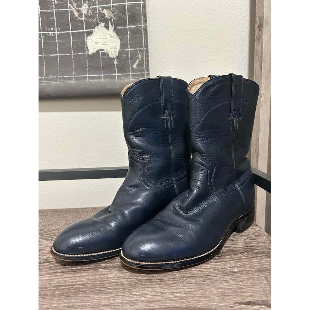 Justin 3024 Y Boys Navy Blue Leather Roper Western Cowboy Boots Size 4.5 D